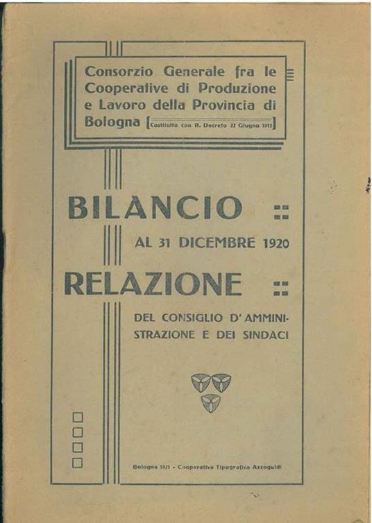 Bilancio al 31 dicembre 1920. Relazione del consiglio di amministrazione e dei sindaci - copertina