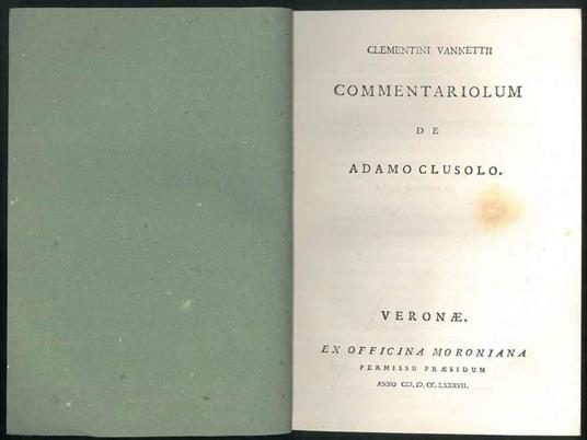 Clementini Vannettii commentariolum de Adamo Clusolo - Clementino Vannetti - copertina