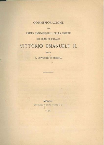 Commemorazione del primo anniversario della morte del primo Re d'Italia Vittorio Emanuele II - Adeodato Bonasi - copertina