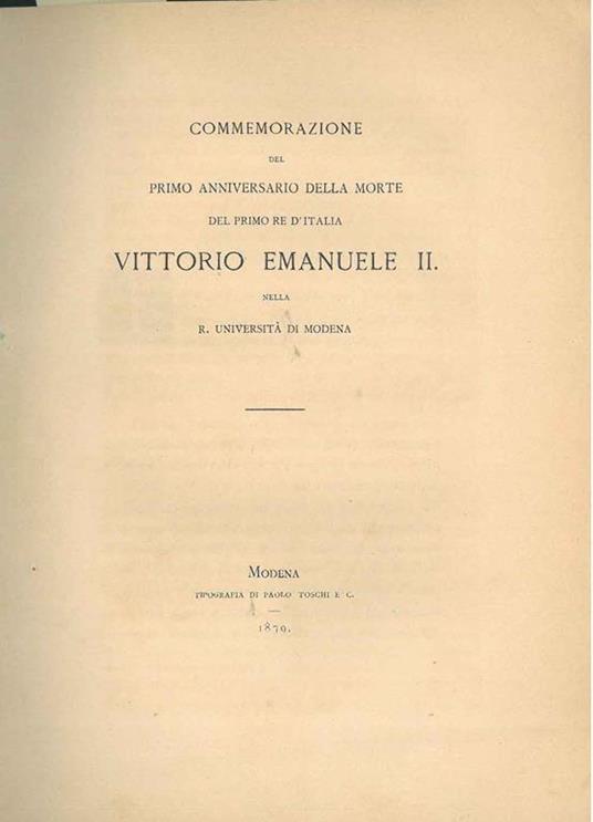 Commemorazione del primo anniversario della morte del primo Re d'Italia Vittorio Emanuele II - Adeodato Bonasi - copertina