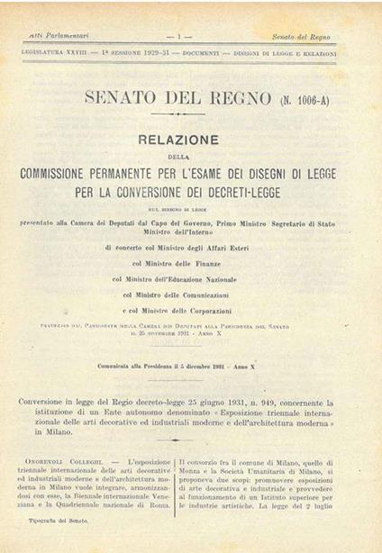 Conversione in legge del Regio decreto-legge 25 giugno 1931, n. 949, concernente la istituzione di un Ente autonomo denominato "Esposizione triennale internazionale delle arti decorative ed industriali moderne e dell'architettura moderna" in Milano - copertina