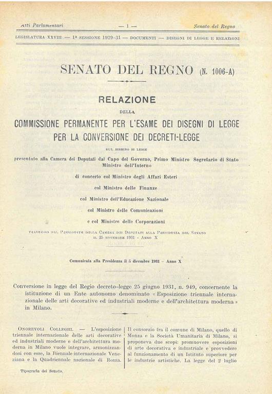 Conversione in legge del Regio decreto-legge 25 giugno 1931, n. 949, concernente la istituzione di un Ente autonomo denominato "Esposizione triennale internazionale delle arti decorative ed industriali moderne e dell'architettura moderna" in Milano - copertina