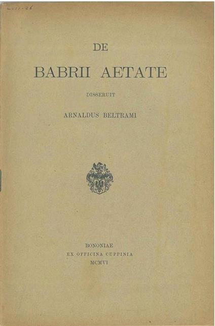 De Babrii Aetate. Copia autografata - Arrigo Beltrami - copertina