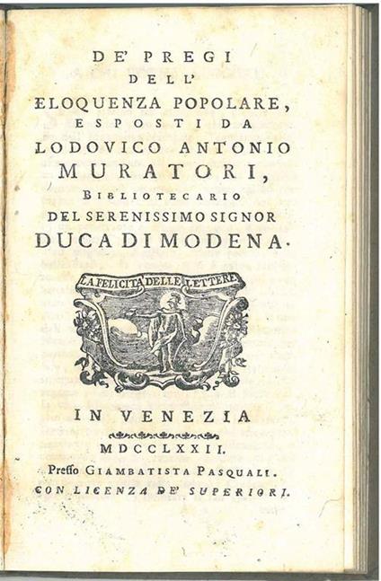 De' pregi dell'eloquenza popolare - Lodovico Antonio Muratori - copertina
