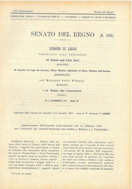 Disegno di legge e relazione: Approvazione dell'Accordo italo-francese del 13 febbraio 1931 per l'esercizio dei tronchi ferroviari dal confine a Modane e a Ventimiglia - copertina