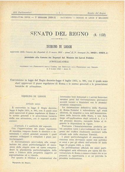 Disegno di legge: Conversione in legge del Regio decreto-legge 6 luglio 1931, n. 981, con il quale sono stati approvati il piano regolatore di Roma e le norme generali e le prescrizioni tecniche di attuazione - copertina