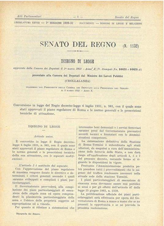 Disegno di legge: Conversione in legge del Regio decreto-legge 6 luglio 1931, n. 981, con il quale sono stati approvati il piano regolatore di Roma e le norme generali e le prescrizioni tecniche di attuazione - copertina