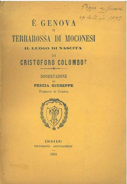 È Genova o Terrarossa di Moconesi il luogo di nascita di Cristoforo Colombo? - Giuseppe Pescia - copertina
