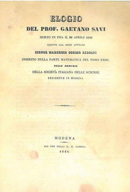 Elogio del Prof. Gaetano Savi morto in Pisa il 28 aprile 1844 - Cosimo Ridolfi - copertina