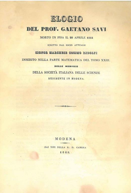 Elogio del Prof. Gaetano Savi morto in Pisa il 28 aprile 1844 - Cosimo Ridolfi - copertina