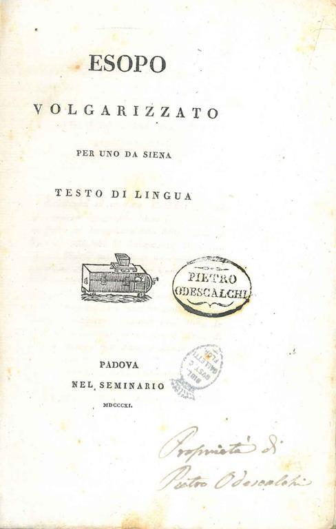 Esopo volgarizzato per uno da Siena testo di lingua (Pietro Berti) - Esopo - copertina
