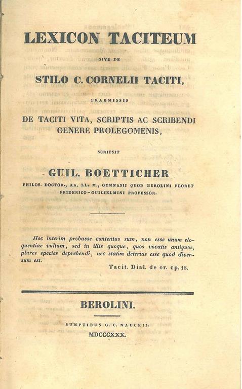 Lexicon Taciteum sive de stilo C. Cornelii Taciti - Wilhelm Boetticher - copertina