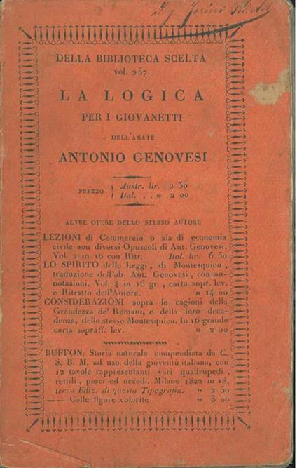 logica per i giovanetti dell'abate Ant. Genovesi. Edizione eseguita su quella riveduta e notabilmente accresciuta dall'autore - copertina