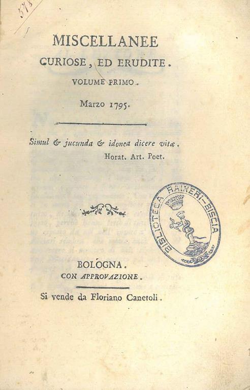 Miscellanee curiose, ed erudite. Volume primo, marzo 1795 - copertina