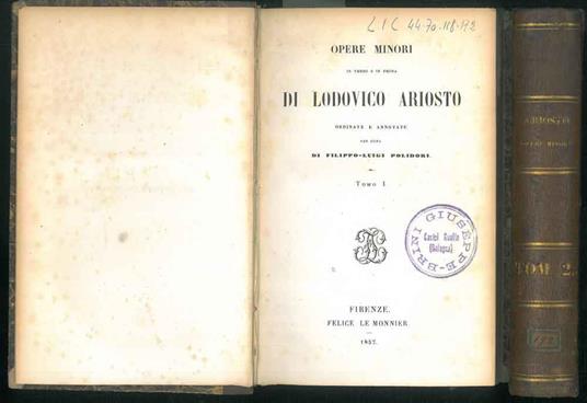 Opere minori in verso e in prosa di Lodovico Ariosto ordinate e annotate per cura di Filipo-Luigi Polidori - Lodovico Ariosto - copertina