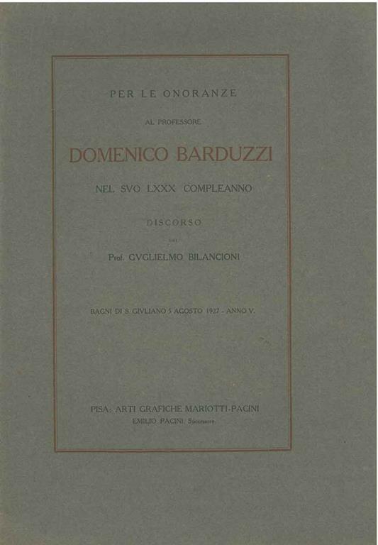 Per le onoranze al professore Domenico Barduzzi nel suo LXXX compleanno - Guglielmo Bilancioni - copertina