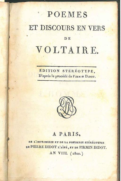 Poemes et discours en vers de Voltaire. Edition stéréotype - Voltaire - copertina