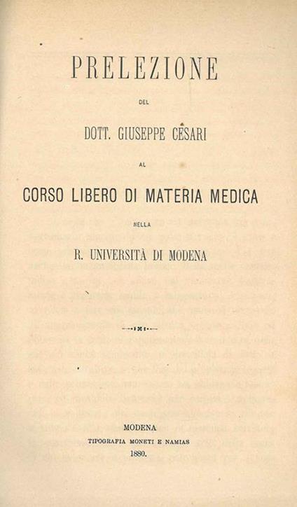 Prelezione al corso libero di materia medica - Giuseppe Cesari - copertina