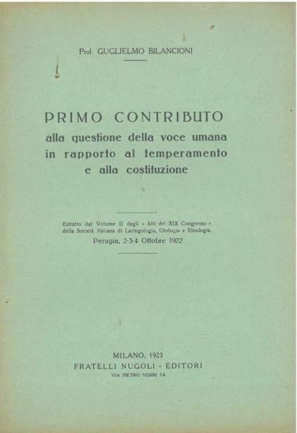 Primo contributo alla questione della voce umana in rapporto al temperamento e alla costituzione - Guglielmo Bilancioni - copertina