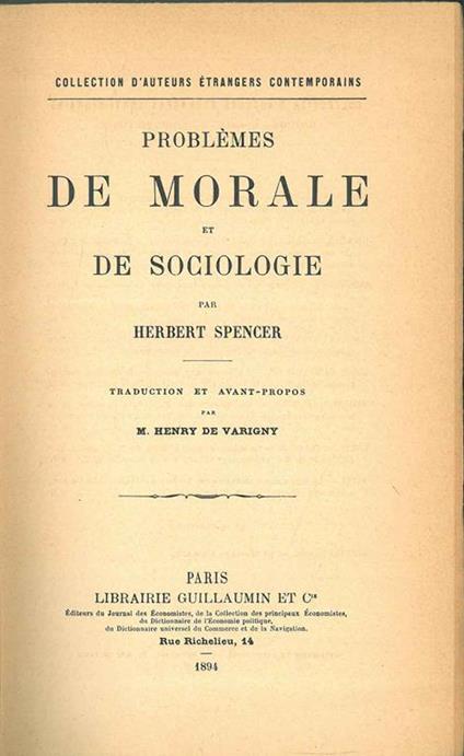 Problèmes de morale et de sociologie Traduzione e introduzione in francese di M. H. de Varigny - Herbert Spencer - copertina