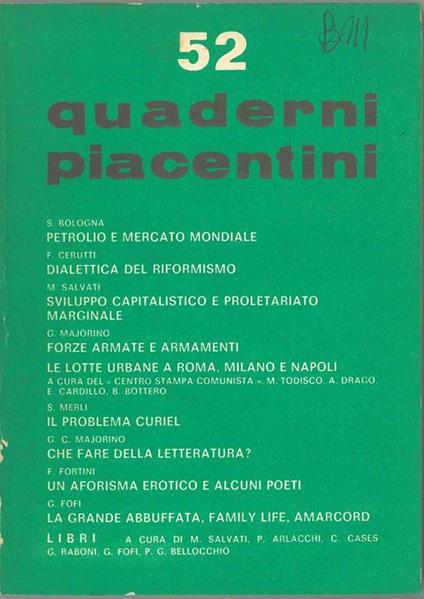 Quaderni piacentini. Anno xiii, n. 52, giugno 1974 - copertina