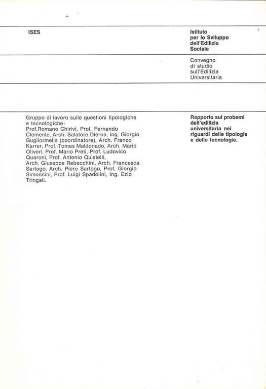 Rapporto sui problemi dell'edilizia universitaria nei riguardi delle tipologie e delle tecnologie. Ises - Tomás Maldonado - copertina