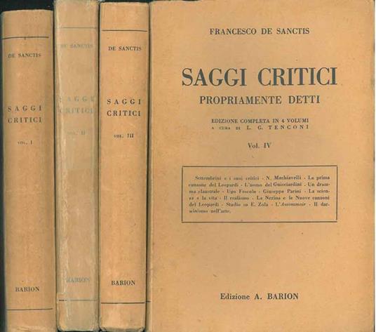Saggi e scritti critici e vari. Volume primo: Saggio critico sul Petrarca. A cura di L. G. Tenconi - Francesco De Sanctis - copertina