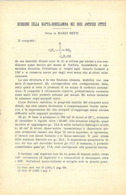 Scissione della naftol-benzilamina nei suoi antipodi ottici. Estratto - Mario Betti - copertina
