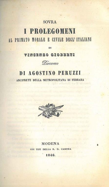 Sovra i prolegomeni al primato morale e civile degl' italiani di Vincenzo Gioberti - Agostino Peruzzi - copertina