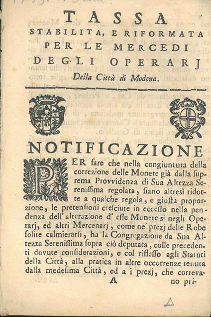Tassa stabilita e riformata per le mercedi degli operai della città di Modena - copertina