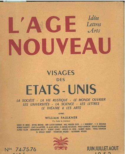 Visages des Etats-Unis in "L'Age Nouveau. Idées lettres et arts". Giu/ago 1952- Num. 74-75-76 - copertina