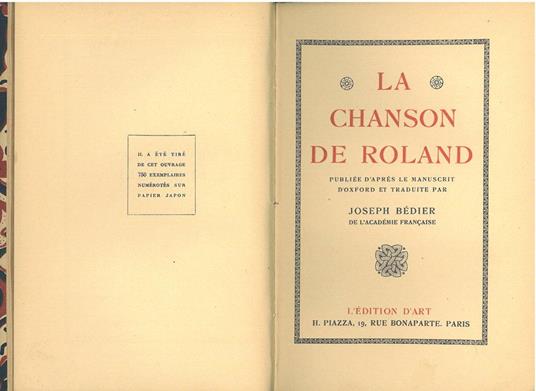 La chanson de Roland. Publiée d'après le manuscrit d'Oxford et traduite par Joseph Bèdier - copertina