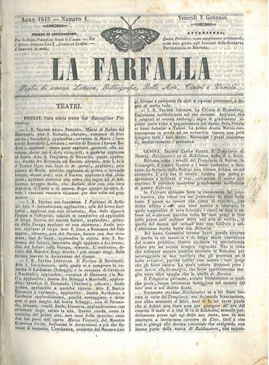 La farfalla. Foglio di amena lettura, bibliografia, belle arti, teatri e varieta. Anno 1845, annata completa - copertina
