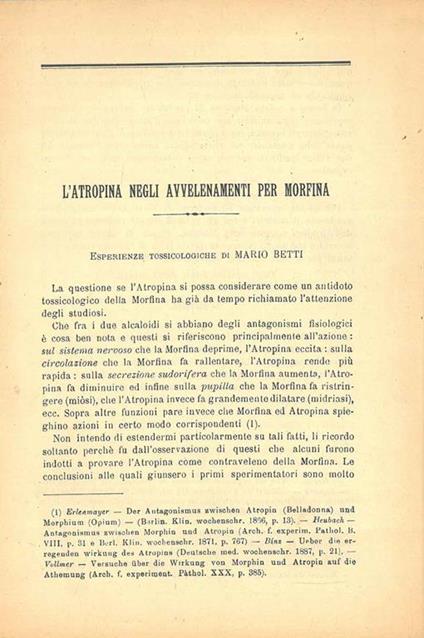 L' atropina negli avvelenamenti per morfina. Estratto - Mario Betti - copertina