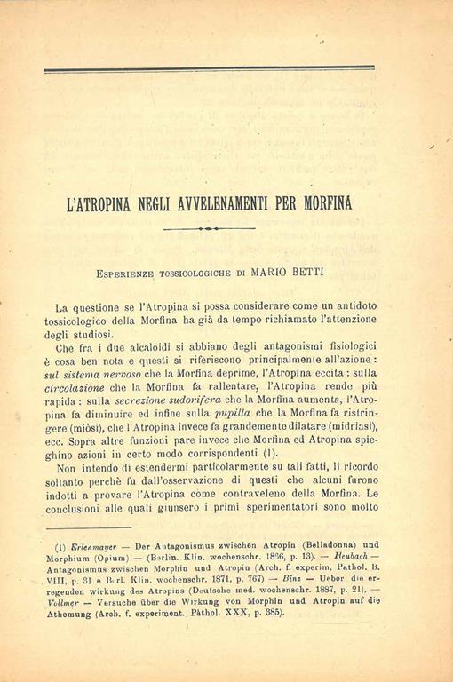 L' atropina negli avvelenamenti per morfina. Estratto - Mario Betti - copertina