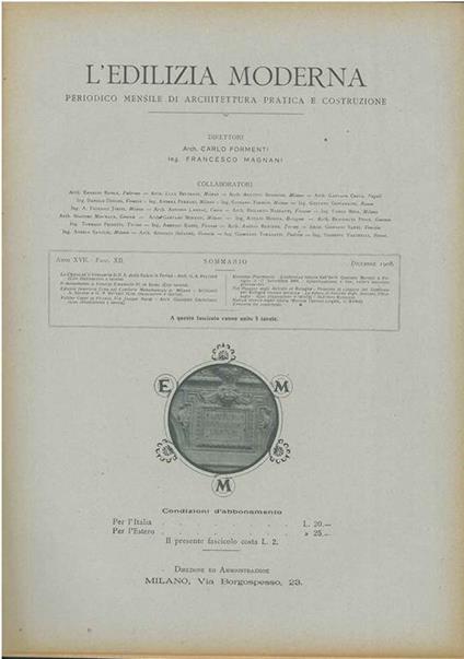L' edilizia moderna, periodico mensile di architettura pratica e costruzione, Anno XVII, fascicolo XII, dicembre 1908 - Carlo Formenti - copertina