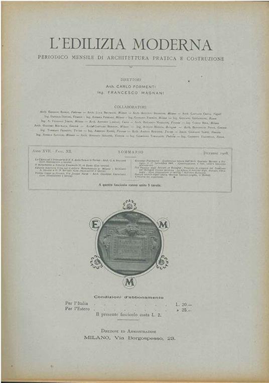 L' edilizia moderna, periodico mensile di architettura pratica e costruzione, Anno XVII, fascicolo XII, dicembre 1908 - Carlo Formenti - copertina