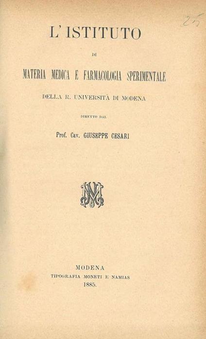 L' istituto di materia medica e farmacologia sperimentale della R. Università di Modena - Giuseppe Cesari - copertina