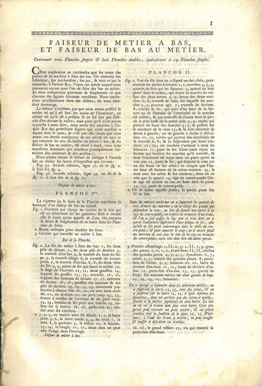 Faiseur de metier a bas et faiseur de bas au metier. Contenant trois planches simples & huit planches doubles, equivalents à 19 planches simples. Tavole originali dell'enciclopedia di Diderot e D'Alembert - Denis Diderot - copertina