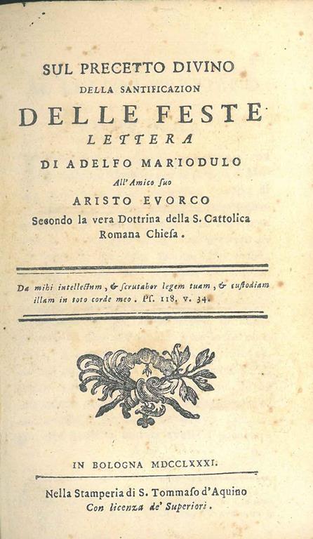 Sul precetto divino della santificazion delle feste, lettera di Adelfo Mariodulo all'amico suo Aristo Evorco secondo la vera dottrina della S. Cattolica Romana Chiesa - copertina