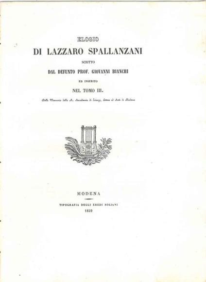 Elogio di Lazzaro Spallanzani - Giovanni Bianchi - copertina