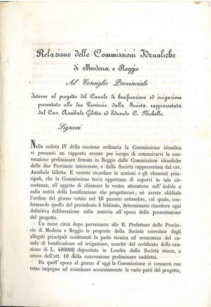 Relazione delle commissioni idrauliche di Modena e Reggio al consiglio provinciale intorno al progetto del canale di bonificazione ed irrigazione - Annibale Giletta - copertina