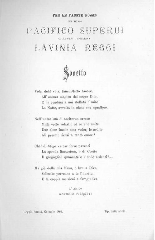 Per le fauste nozze del Signor Pacifico Superbi colla gentil Signorina Lavinia Reggi. Sonetto - Antonio Pierotti - copertina