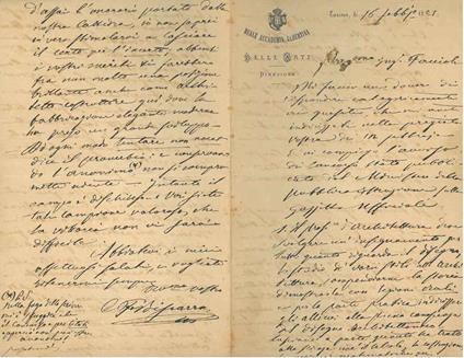 Foglio piegato a metà con intestazione: "Reale Accademia Albertina di Belle Arti. Direzione", datata: Torino, 16 febbraio - Carlo Felice Biscarra - copertina