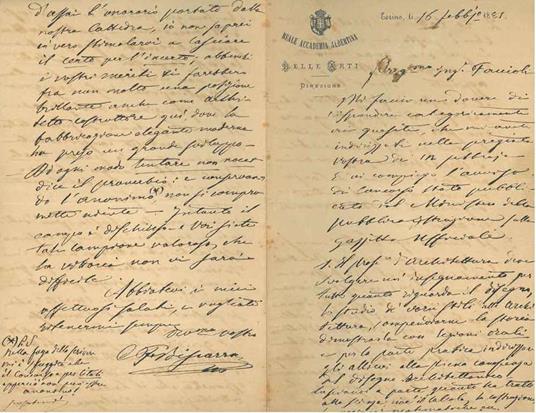Foglio piegato a metà con intestazione: "Reale Accademia Albertina di Belle Arti. Direzione", datata: Torino, 16 febbraio - Carlo Felice Biscarra - copertina