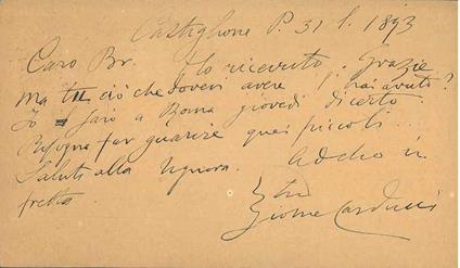 Cartolina postale viaggiata: "Castiglione dei Pepoli, 31 lug. 93", indirizzata a Brando Brandi. Copia autografata - Giosuè Carducci - copertina