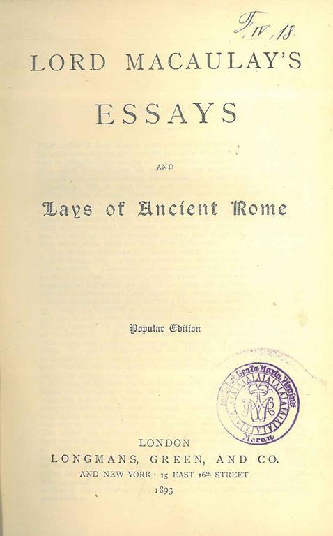 Lord Macaulay's Essays and Lays of ancient Rome - copertina