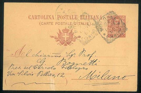 Cartolina postale viaggiata e inviata al prof. Bognetti (Presidente del circolo filologico di Milano) - Alfredo Trombetti - copertina