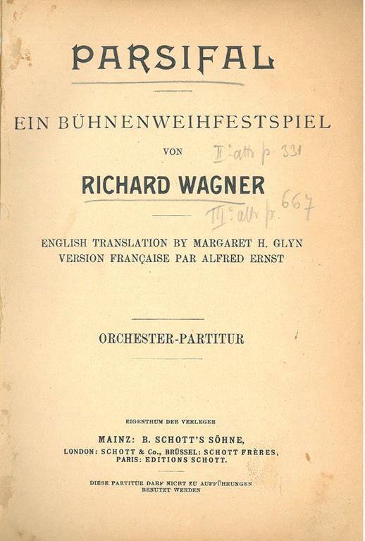 Parsifal. Ein Buhnenweihfestspiel von Richard Wagner. Orchester - Partitur English Translation by Margaret H. Glyn Version Française par Alfred Ernst - Richard Wagner - copertina