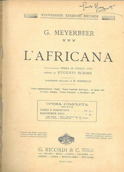 L' africana. Opera in cinque atti per canto e pianoforte (N. 109804) Traduzione italiana di M. Marcello - Giacomo Meyerbeer - copertina
